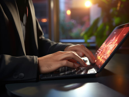 closeup with hand of businessman using laptop, with out door cafe, chilling, technology concept.の素材