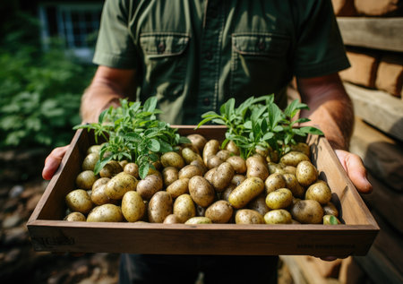 Young farmer with freshly picked Potatoes in basket. Hand holding wooden box with vegetables in field. Fresh Organic Vegetable.の素材