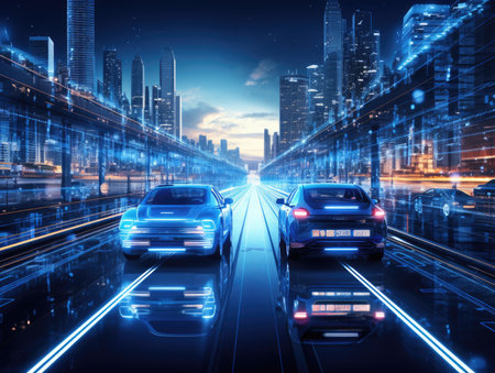 car or vehicle open headlamp parked in futuristic modern concept. Future transportation. Futuristic autonomous car. Driverless autonomous vehicle. Self-driving car technologyの素材