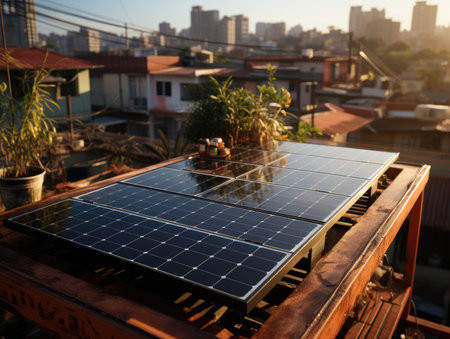 Modern solar panel on th roof with plants at morning, Solar panel on red roof reflecting sun and cloudless blue sky.の素材