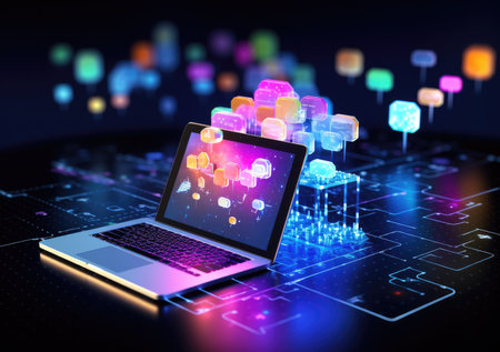 neon light showing cloud computing on tablet computer. neon light showing cloud computing on tablet computer.の素材
