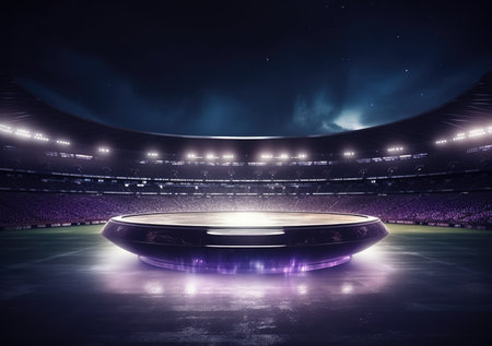 neon stadium stage, Glowing neon lighting and a blank platform for product placement, Satge platform for concert.の素材