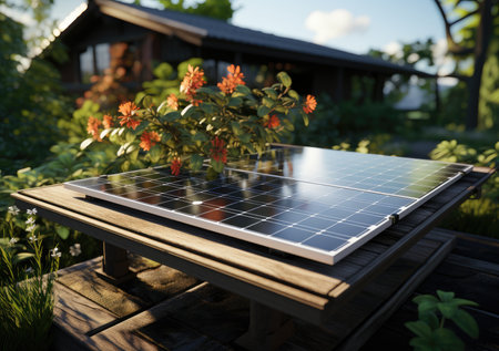 Modern solar panel on th roof with plants at morning, Solar panel on red roof reflecting sun and cloudless blue sky.の素材