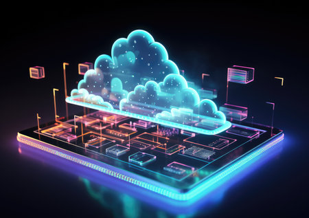 neon light showing cloud computing on tablet computer. neon light showing cloud computing on tablet computer.の素材
