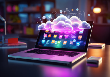 neon light showing cloud computing on tablet computer. neon light showing cloud computing on tablet computer.の素材