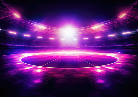 neon stadium stage, Glowing neon lighting and a blank platform for product placement, Satge platform for concert.の素材