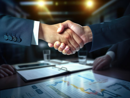 Two Businesspeople shaking hands with document background. businessmen are agreeing on business together and shaking hands after a successful negotiation.の素材
