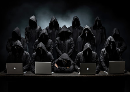 hacker in black hoodie working on laptop in the dark room. Dangerous Hooded Hacker Breaks into Government Data Servers and Infects Their System with a Virus.の素材