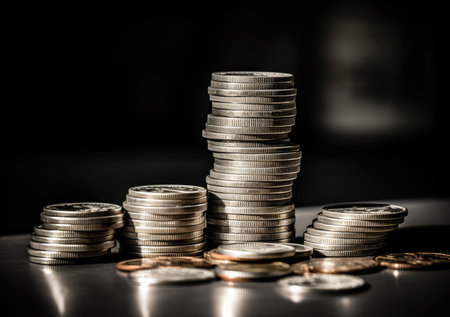 pile of silver coins stack and growing money graph on rows. Income, profits, finance, Investment, Interest and Saving money concept.の素材