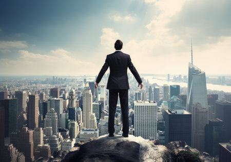 Business and Successful concept, Young successful business man with city background. looking forward to city building.の素材