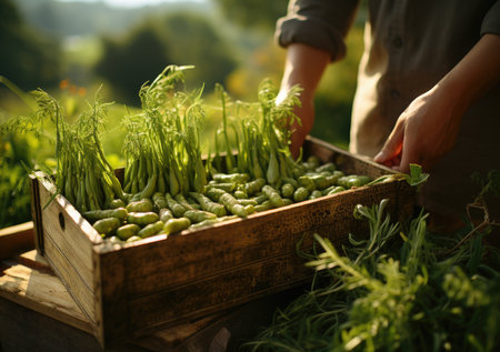 Young farmer with freshly picked Asparagus in basket. Hand holding wooden box with vegetables in field. Fresh Organic Vegetables from local producers.の素材
