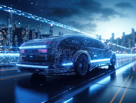 car or vehicle open headlamp parked in futuristic modern concept. Future transportation. Futuristic autonomous car. Driverless autonomous vehicle. Self-driving car technologyの素材