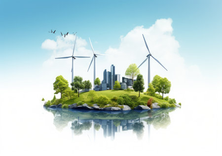 3D Wind generator and solar system on sky background. Wind generator power plant. Green electricity.の素材
