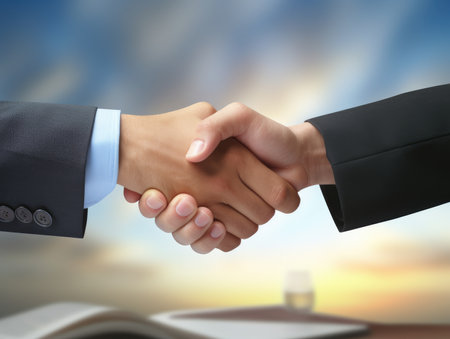 Two Businesspeople shaking hands with document background. businessmen are agreeing on business together and shaking hands after a successful negotiation.の素材