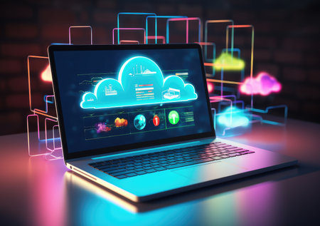 neon light showing cloud computing on tablet computer. neon light showing cloud computing on tablet computer.の素材