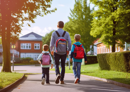 back to school children with backpack and father, Father and daughter going to school for the first timeの素材