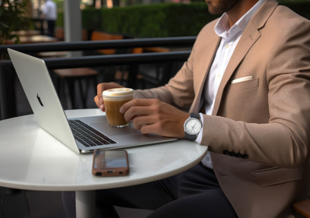 closeup with hand of businessman using laptop, with out door cafe, chilling, technology concept.の素材