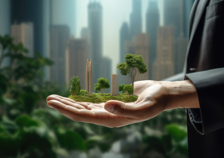 ESG environment social governance concept. Hand-holding crystal globe. Business cooperation for a sustainable environment.World sustainable environment concept.の素材