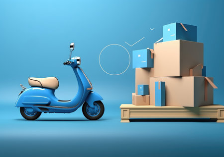 Courier service Delivery. Creative concept design. Realistic 3d scooter, cardboard boxes. Time to Shopping. Landing page for website. Moto scooter and goods.の素材