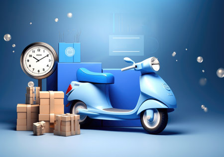 Courier service Delivery. Creative concept design. Realistic 3d scooter, cardboard boxes. Time to Shopping. Landing page for website. Moto scooter and goods.の素材