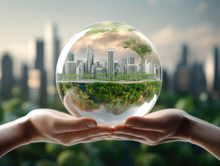 ESG environment social governance concept. Hand-holding crystal globe. Business cooperation for a sustainable environment.World sustainable environment concept.の素材