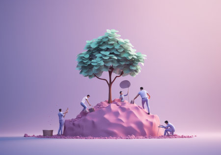 3d of people planting a tree. minimal neon style,  people plant tree seedlings by watering sprout icons. Nature planet ecology care flat 3d concept.の素材