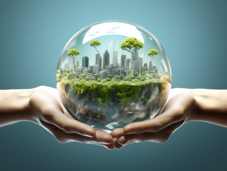 ESG environment social governance concept. Hand-holding crystal globe. Business cooperation for a sustainable environment.World sustainable environment concept.の素材