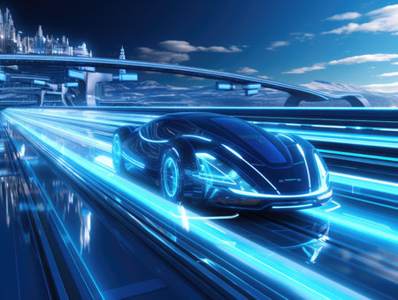 car or vehicle open headlamp parked in futuristic modern concept. Future transportation. Futuristic autonomous car. Driverless autonomous vehicle. Self-driving car technologyの素材