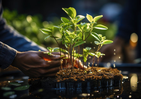 planting trees and watering them to help increase oxygen in the air and reduce global warming, Save world save life and Plant a tree concept.の素材