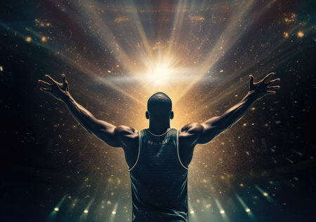 Rear view of a basketball player with his arms in the air in a gymnasium. Victorious basketball player raising his arms up.の素材