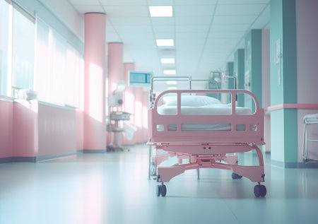 Deep hospital corridor, detail of a white corridor in a hospital, architecture and health. Long corridor with medical bed in modern hospital.の素材