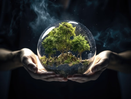 ESG environment social governance concept. Hand-holding crystal globe. Business cooperation for a sustainable environment.World sustainable environment concept.の素材