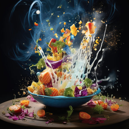 flying salad isolated on white background. Greek salad: red tomatoes, pepper, cheese, lettuce, cucumber, olives and olive oil.の素材