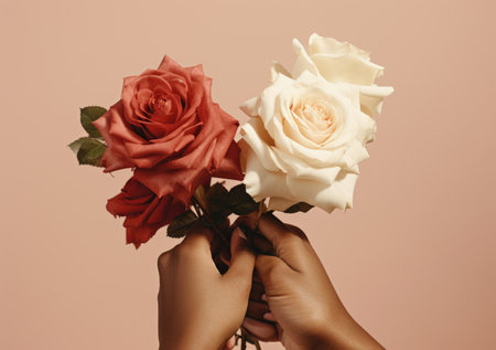 Close up of different skin color hands holding beautiful roses. AI Generative.