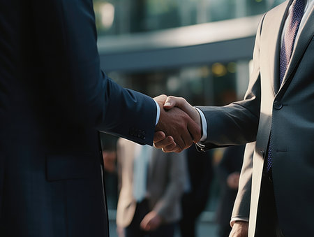 Business people shaking hands, finishing up meeting. Successful businessmen handshaking after good deal.の素材