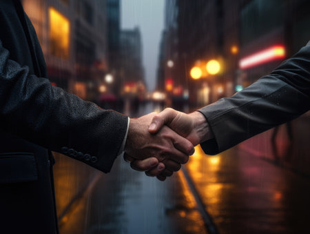 Business shaking hands on night street scene, finishing up meeting. Successful businessmen handshaking after good deal.の素材