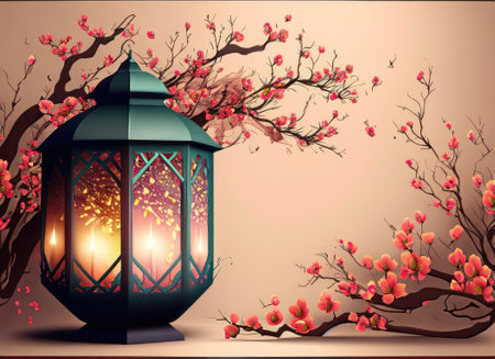Mid Autumn Festival design with beautiful blossom flowers, lanterns, copy space for textの素材