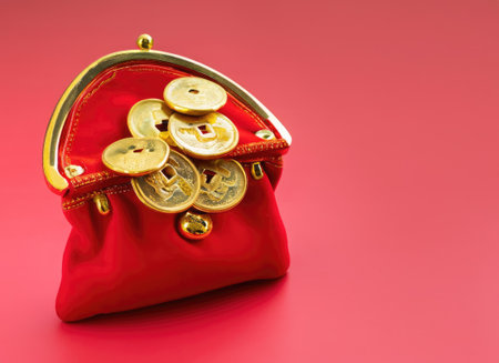 Red Purse with Traditional Gold Coins. Chinese New Year, Wealth concept, copy space for textの素材