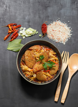 Traditional Thai food with spices on dark background with space for textの素材