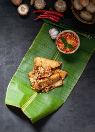 Traditional Thai food on banana leaf with spices on dark background with space for textの素材