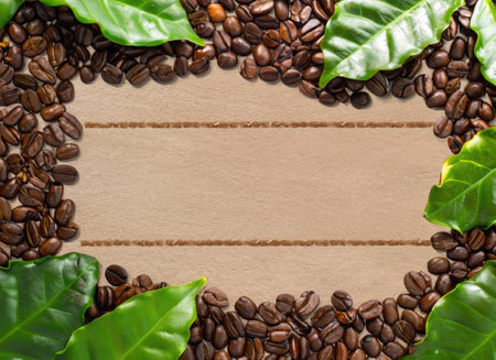 coffee seed and coffee leaf frame with floor copy space backgroundの素材