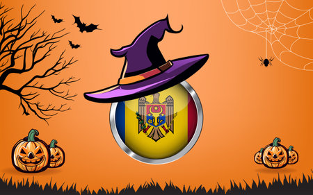 moldova round flag with Happy Halloween banner or party invitation background. bats, spiders and pumpkins, orange backgroundのイラスト素材