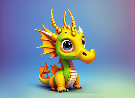 A Kawaii Baby Dragon. Bright and colorful 3D render computer generated. Adorable dragon baby with large eyes and realistic scales.の素材