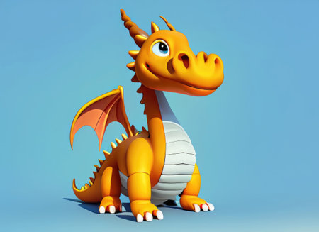 A Kawaii Baby Dragon. Bright and colorful 3D render computer generated. Adorable dragon baby with large eyes and realistic scales.の素材