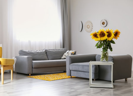 Dark living room interior with dinner table and chairs, side view tv zone with sofa and sideboard with decoration. Panoramic windowの素材