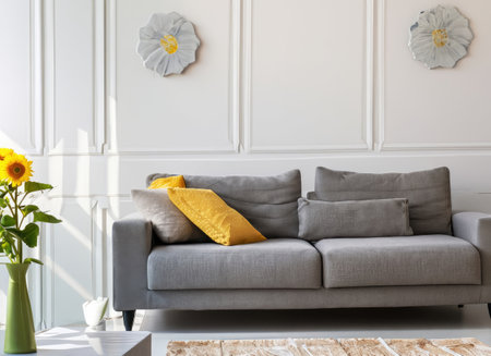 Dark living room interior with dinner table and chairs, side view tv zone with sofa and sideboard with decoration. Panoramic windowの素材