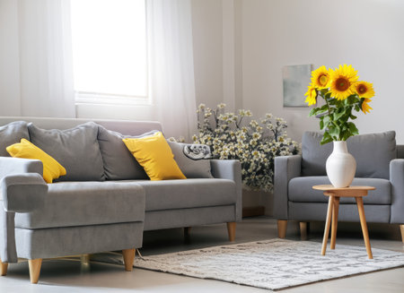 Dark living room interior with dinner table and chairs, side view tv zone with sofa and sideboard with decoration. Panoramic windowの素材