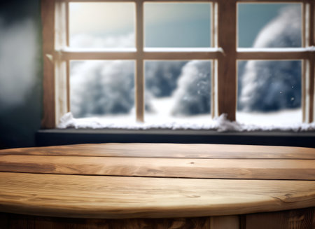 table and winter window in background with copy spaceの素材