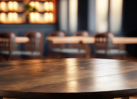 The dark wood table in the cafe with a blurred background with copy spaceの素材