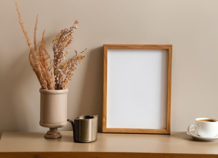 Empty wooden picture frame mockup hanging on beige wall background.の素材